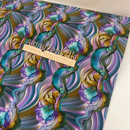 Bomulds jersey digital printet - Abstrakt fantasy mønster - LILLA/PETROL/OKKER farver