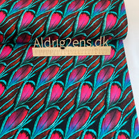 
              Bomulds jersey digital printet - Fjer - PINK/TURKIS farver
            
