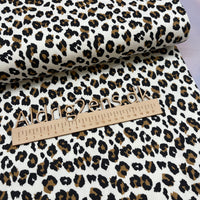
              Twill stretch denim - lille leopard mønster, SORT/KARAMEL på HVID bund
            